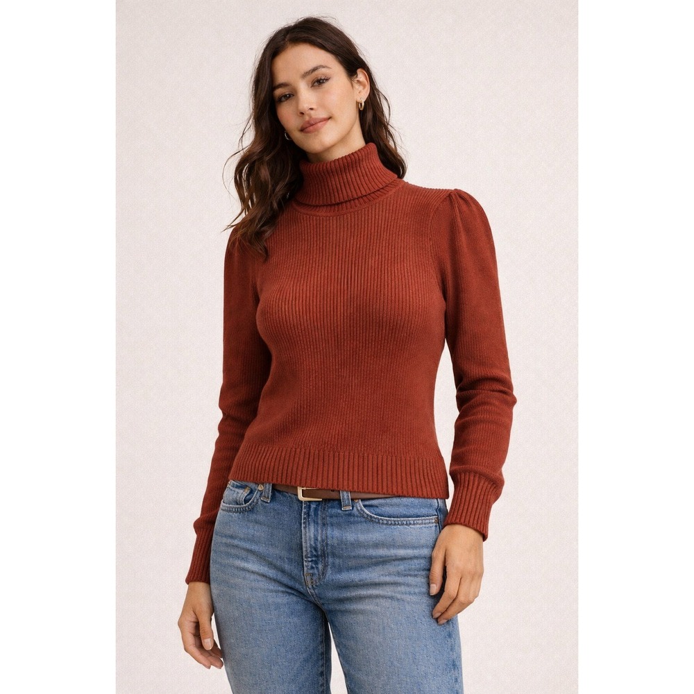 Farm Rio‎ Womens Rust Ribbed Knit Puff Shoulder Turtleneck Sweater M Terracotta